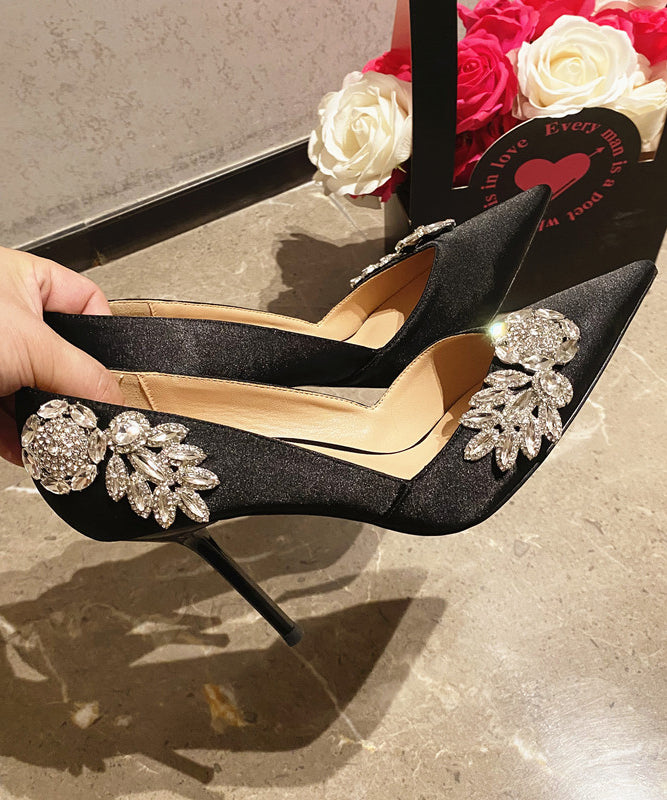 Elegant Splicing Stiletto High Heels Pointed Toe Black Satin Zircon