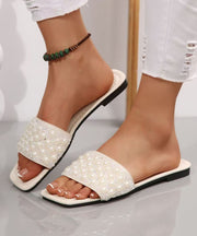 Elegant Splicing White Faux Leather Nail Bead Slide Sandals