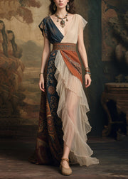 Elegant Tea Green Asymmetrical Patchwork Ruffles Chiffon Dress Summer