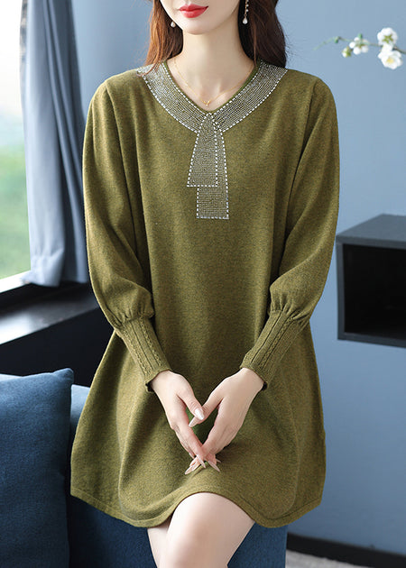 Elegant Tea Green V Neck Zircon Woolen Sweater Dress Winter RL017 main image 0