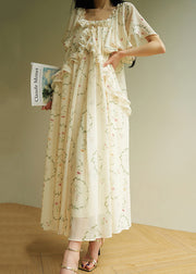 Elegant U Neck Ruffled Print Chiffon Long Dress Summer