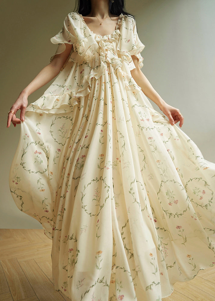 Elegant U Neck Ruffled Print Chiffon Long Dress Summer
