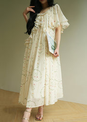 Elegant U Neck Ruffled Print Chiffon Long Dress Summer