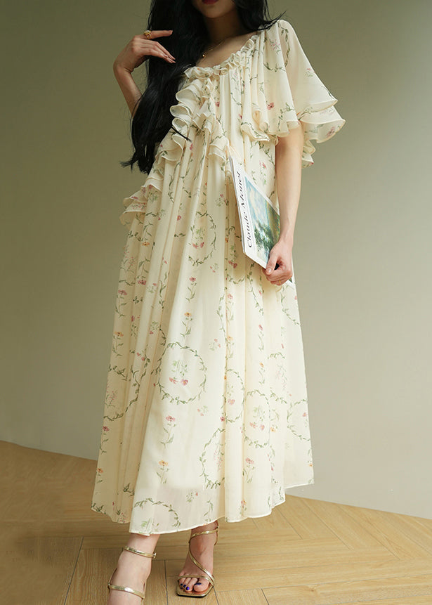 Elegant U Neck Ruffled Print Chiffon Long Dress Summer