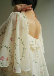 Elegant U Neck Ruffled Print Chiffon Long Dress Summer
