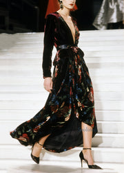 Elegant V Neck Asymmetrical Design Print Velvet Dress Fall