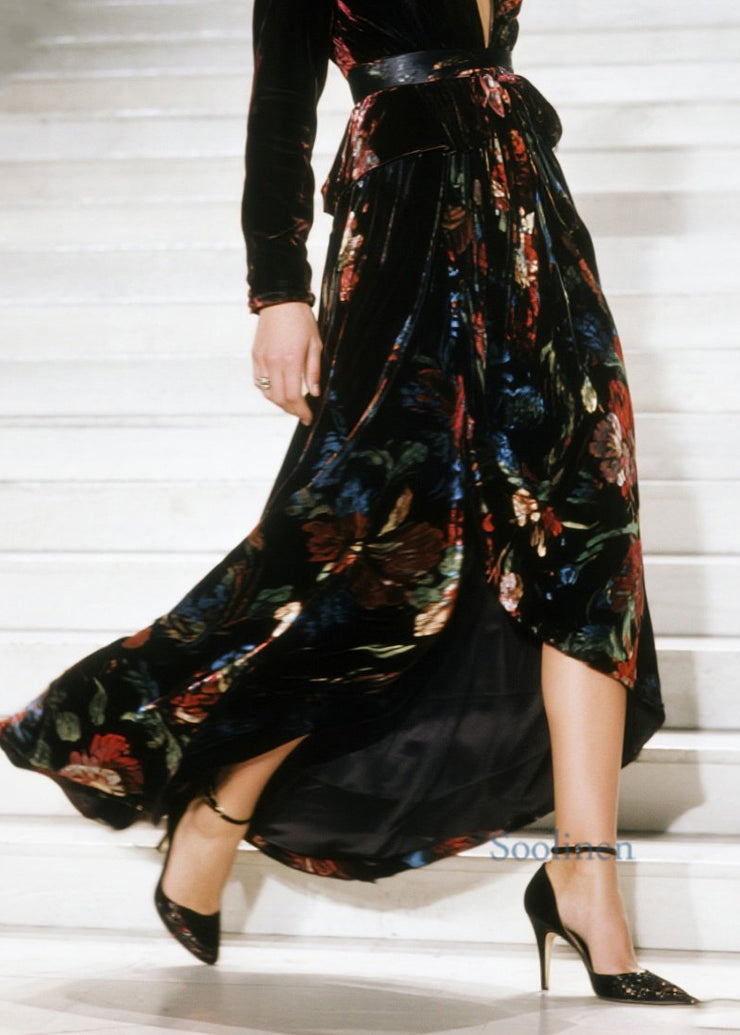 Elegant V Neck Asymmetrical Design Print Velvet Dress Fall