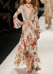 Elegant V Neck Print Loose Cotton Dresses Flare Sleeve