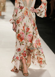 Elegant V Neck Print Loose Cotton Dresses Flare Sleeve