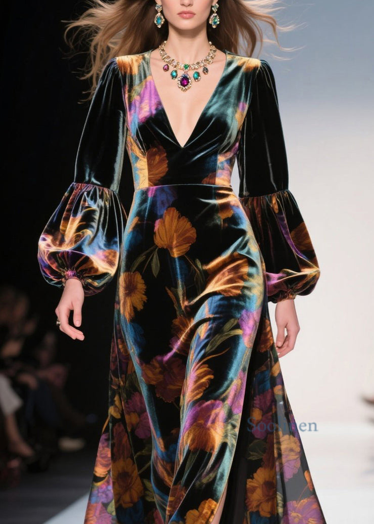 Elegant V Neck Print Side Open Velvet Robe Dresses Fall