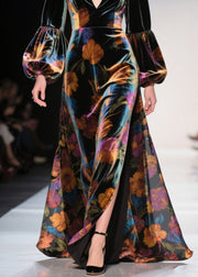 Elegant V Neck Print Side Open Velvet Robe Dresses Fall