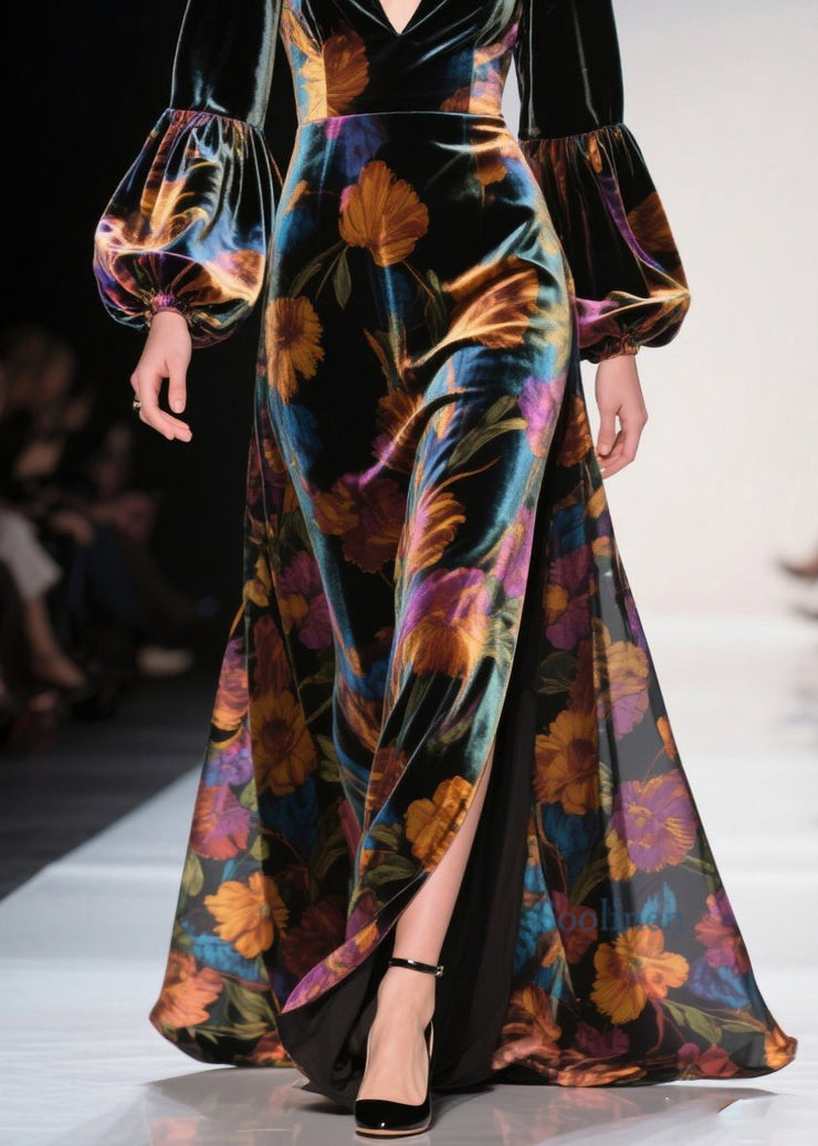 Elegant V Neck Print Side Open Velvet Robe Dresses Fall