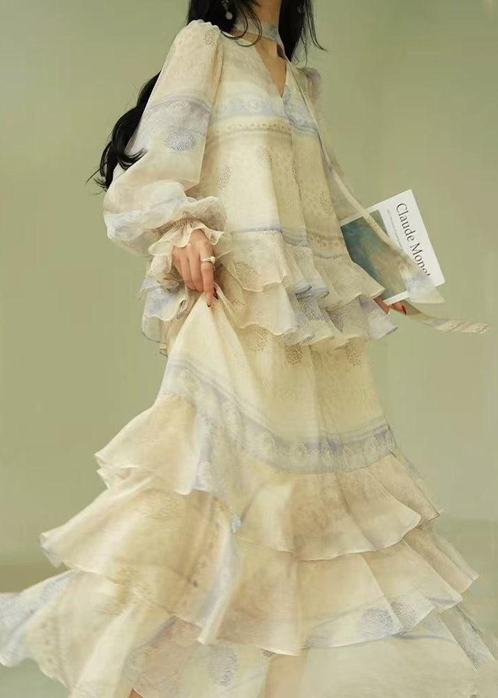 Elegant V Neck Print Tie Waist Cotton Party Dress Butterfly Sleeve
