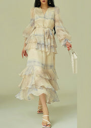Elegant V Neck Print Tie Waist Cotton Party Dress Butterfly Sleeve
