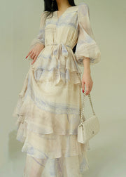 Elegant V Neck Print Tie Waist Cotton Party Dress Butterfly Sleeve