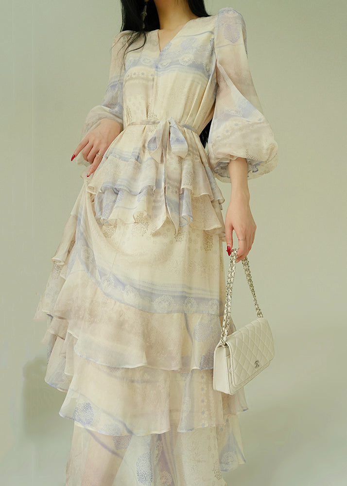 Elegant V Neck Print Tie Waist Cotton Party Dress Butterfly Sleeve