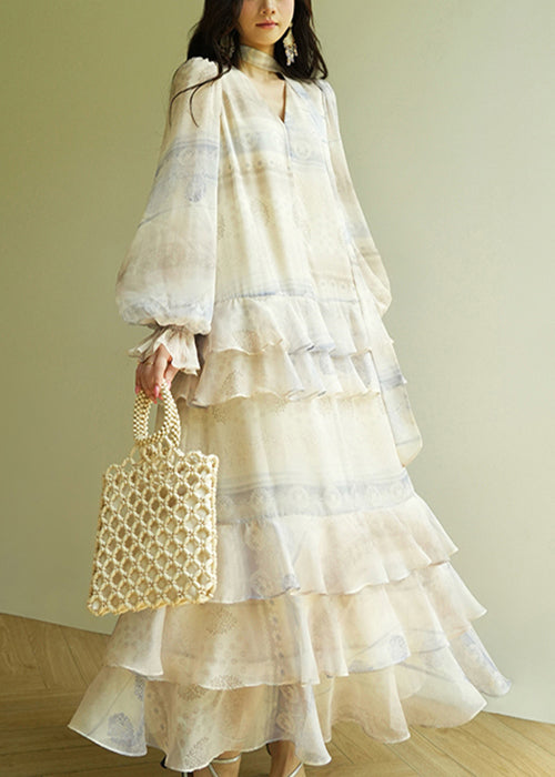 Elegant V Neck Print Tie Waist Cotton Party Dress Butterfly Sleeve