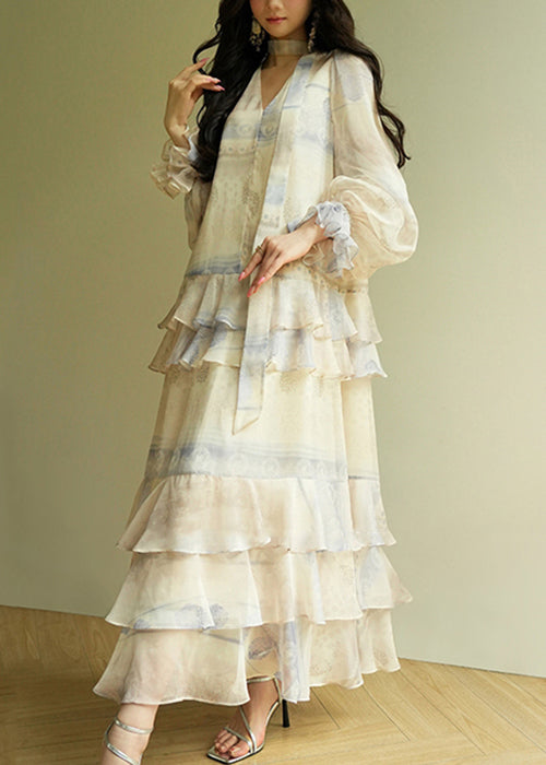 Elegant V Neck Print Tie Waist Cotton Party Dress Butterfly Sleeve