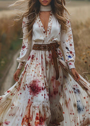 Elegant V Neck Print Wrinkled Patchwork Cotton Dresses Long Sleeve