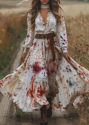 Elegant V Neck Print Wrinkled Patchwork Cotton Dresses Long Sleeve