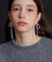 Elegant White Alloy Bow Beading Tassel Drop Earrings