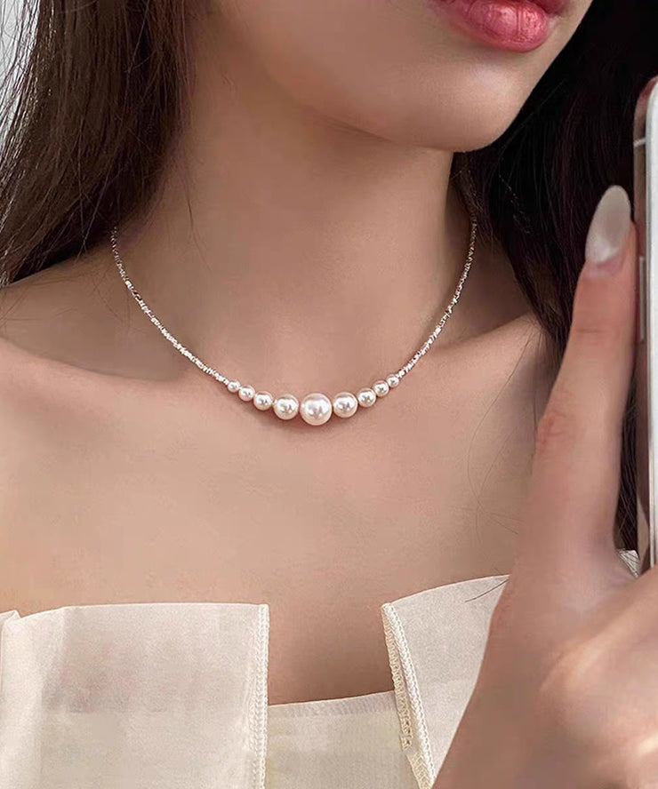 Elegant White Alloy Broken Silver Pearl Pendant Necklace