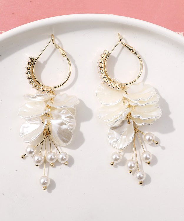 Elegant White Alloy Overgild Zircon Pearl Floral Tassel Drop Earrings
