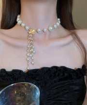 Elegant White Alloy Pearl Floral Tassel Pendant Necklace