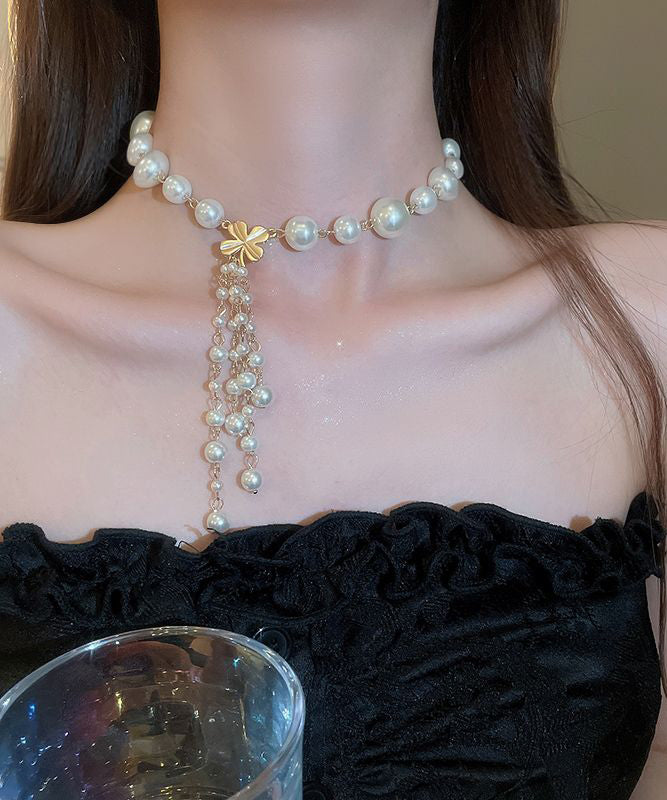 Elegant White Alloy Pearl Floral Tassel Pendant Necklace