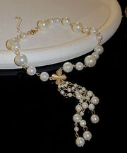 Elegant White Alloy Pearl Floral Tassel Pendant Necklace