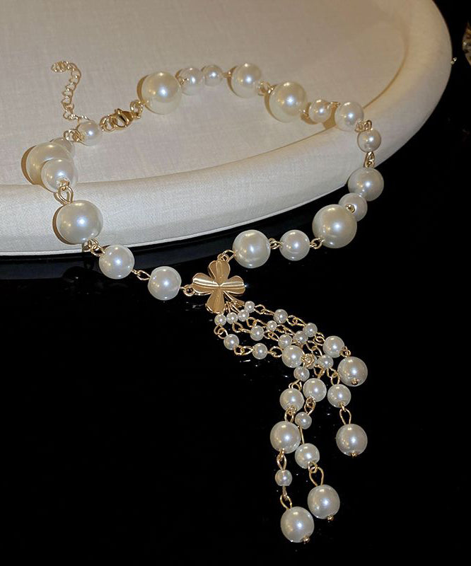 Elegant White Alloy Pearl Floral Tassel Pendant Necklace