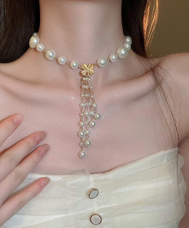 Elegant White Alloy Pearl Floral Tassel Pendant Necklace