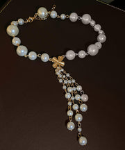 Elegant White Alloy Pearl Floral Tassel Pendant Necklace