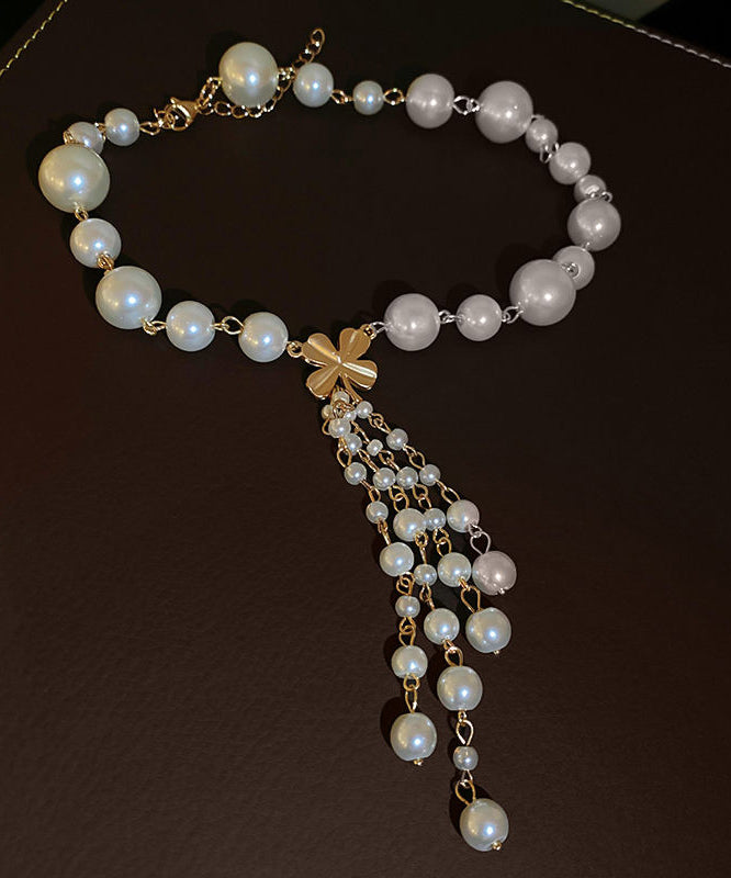 Elegant White Alloy Pearl Floral Tassel Pendant Necklace