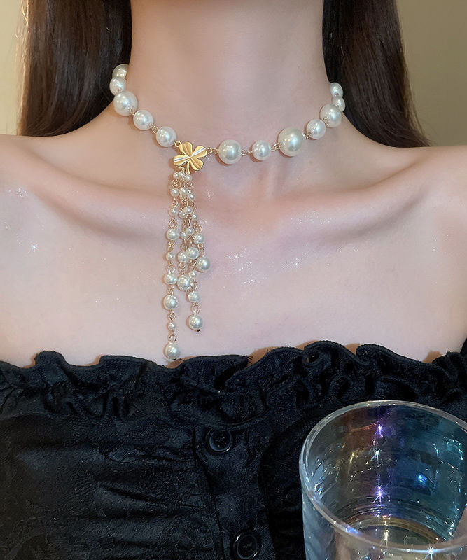 Elegant White Alloy Pearl Floral Tassel Pendant Necklace