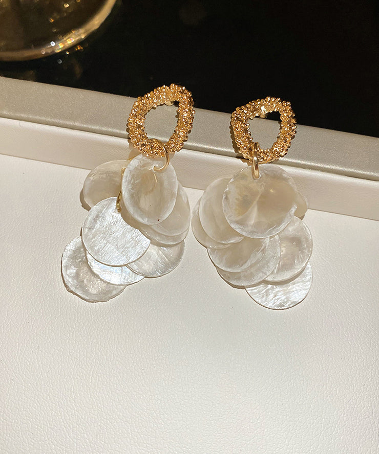 Elegant White Alloy Shell Tassel Drop Earrings