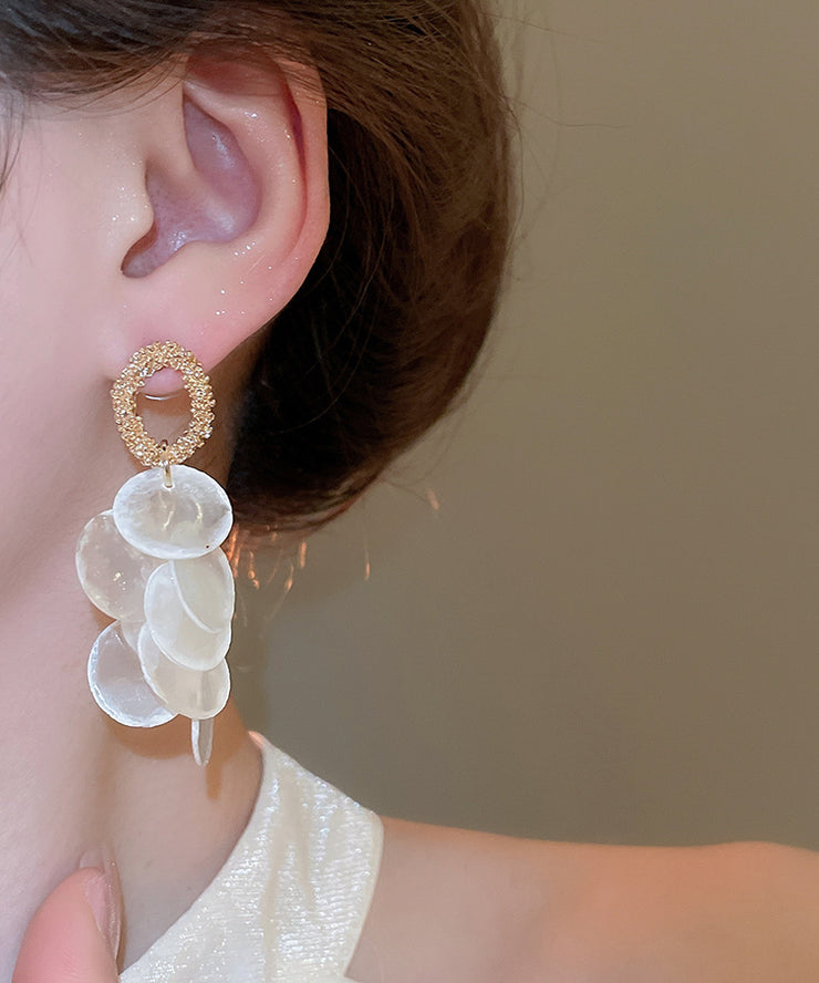 Elegant White Alloy Shell Tassel Drop Earrings