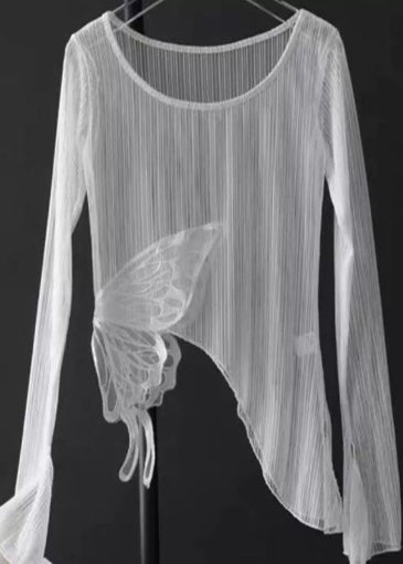 Elegant White Asymmetrical Butterfly Tulle Shirt Top Summer
