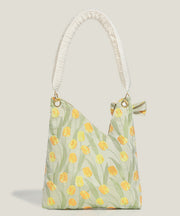 Elegant White Asymmetrical Design Patchwork Cotton Shoulder Bags