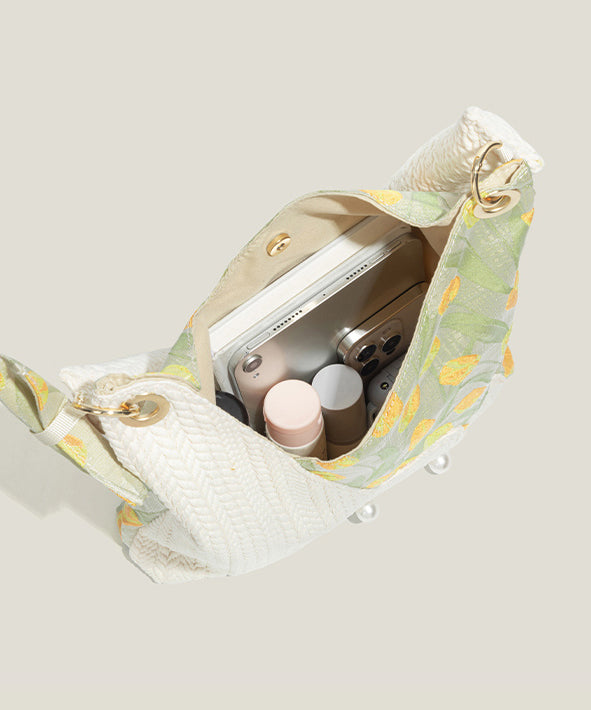 Elegant White Asymmetrical Design Patchwork Cotton Shoulder Bags