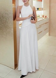Elegant White Backless Lace Up Patchwork Cotton Dress Summer