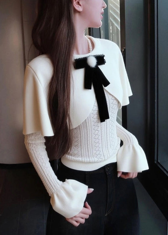 Elegant White Bow False Two Pieces Knit Cape Sweaters Winter
