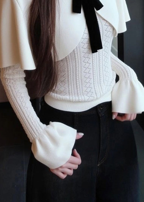 Elegant White Bow False Two Pieces Knit Cape Sweaters Winter