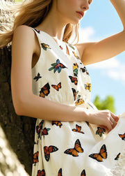 Elegant White Butterfly Cotton Tea Dress Sleeveless
