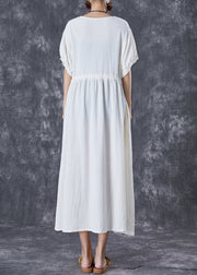 Elegant White Cinched Pockets Cotton Holiday Dress Summer