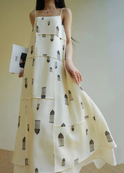 Elegant White Cold Shoulder Print Cotton Spaghetti Strap Dress Sleeveless