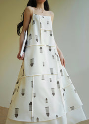 Elegant White Cold Shoulder Print Cotton Spaghetti Strap Dress Sleeveless