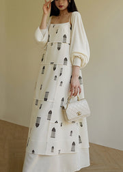 Elegant White Cold Shoulder Print Cotton Spaghetti Strap Dress Sleeveless