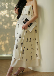 Elegant White Cold Shoulder Print Cotton Spaghetti Strap Dress Sleeveless