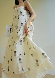 Elegant White Cold Shoulder Print Cotton Spaghetti Strap Dress Sleeveless